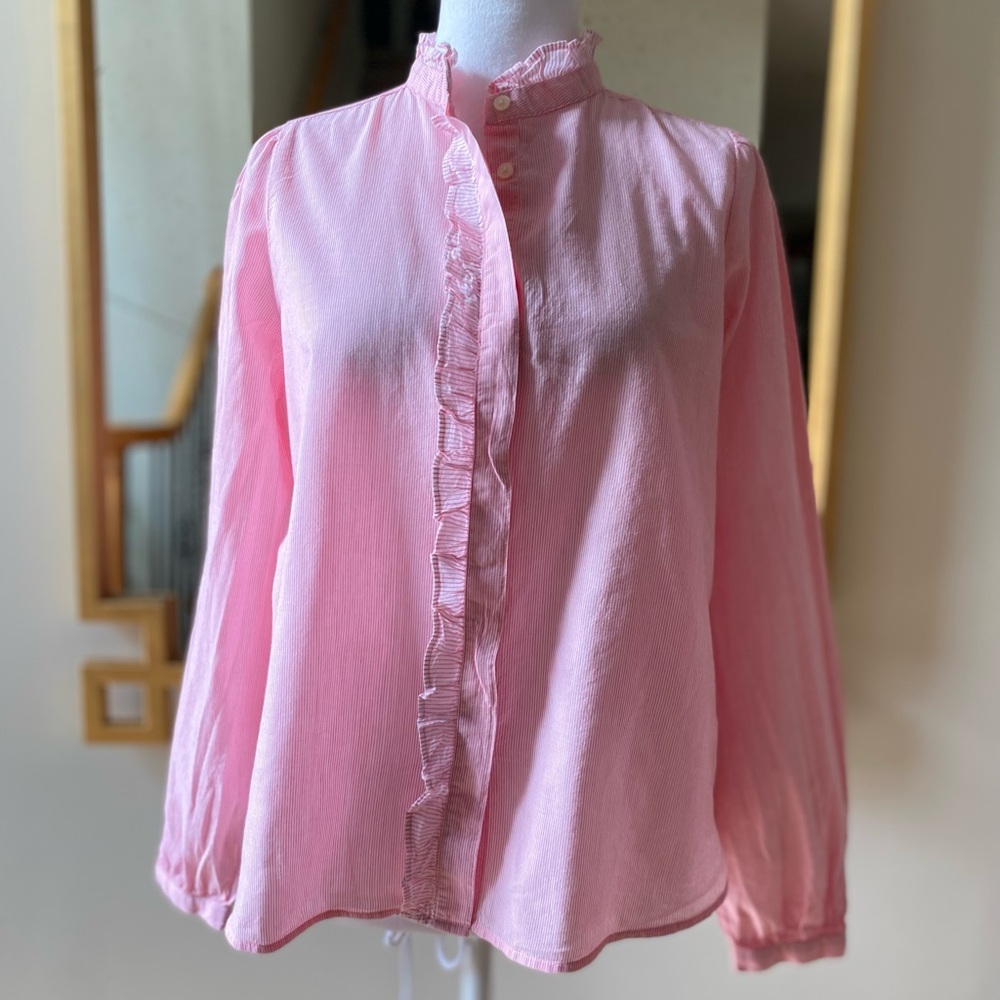 👚 Loft pink and white striped ruffle blouse shirt top XS - Picture 1 of 12